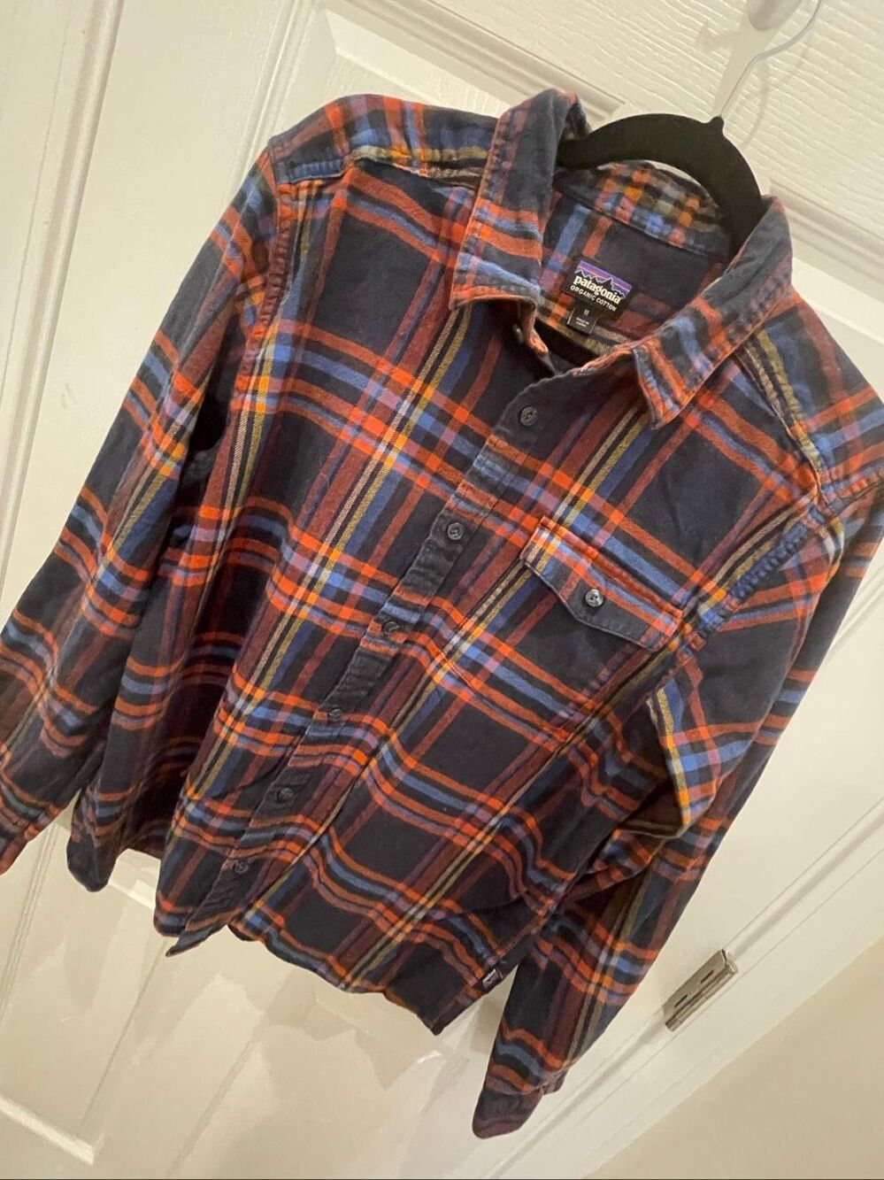 Patagonia Organic Cotton Plaid Flannel Shirt Men’s Medium Blue Orange